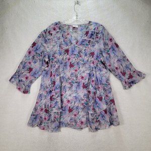 Y2K Click Lilac Floral Chiffon Ruffled Tiered Collared Unique Colorful Tunic Top